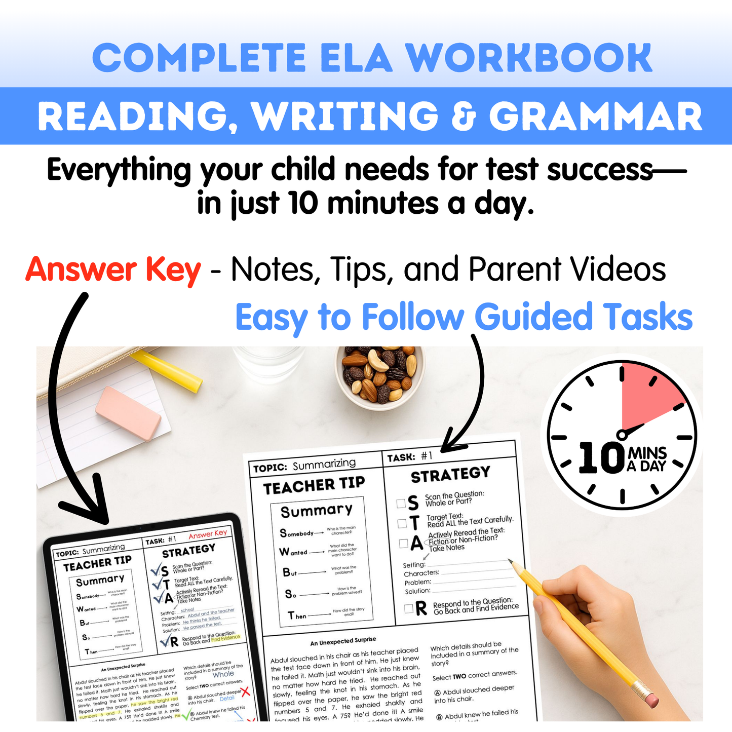 4th Grade Ultimate 3-in-1 ELA Workbook for Test Prep Success - Digital PDF