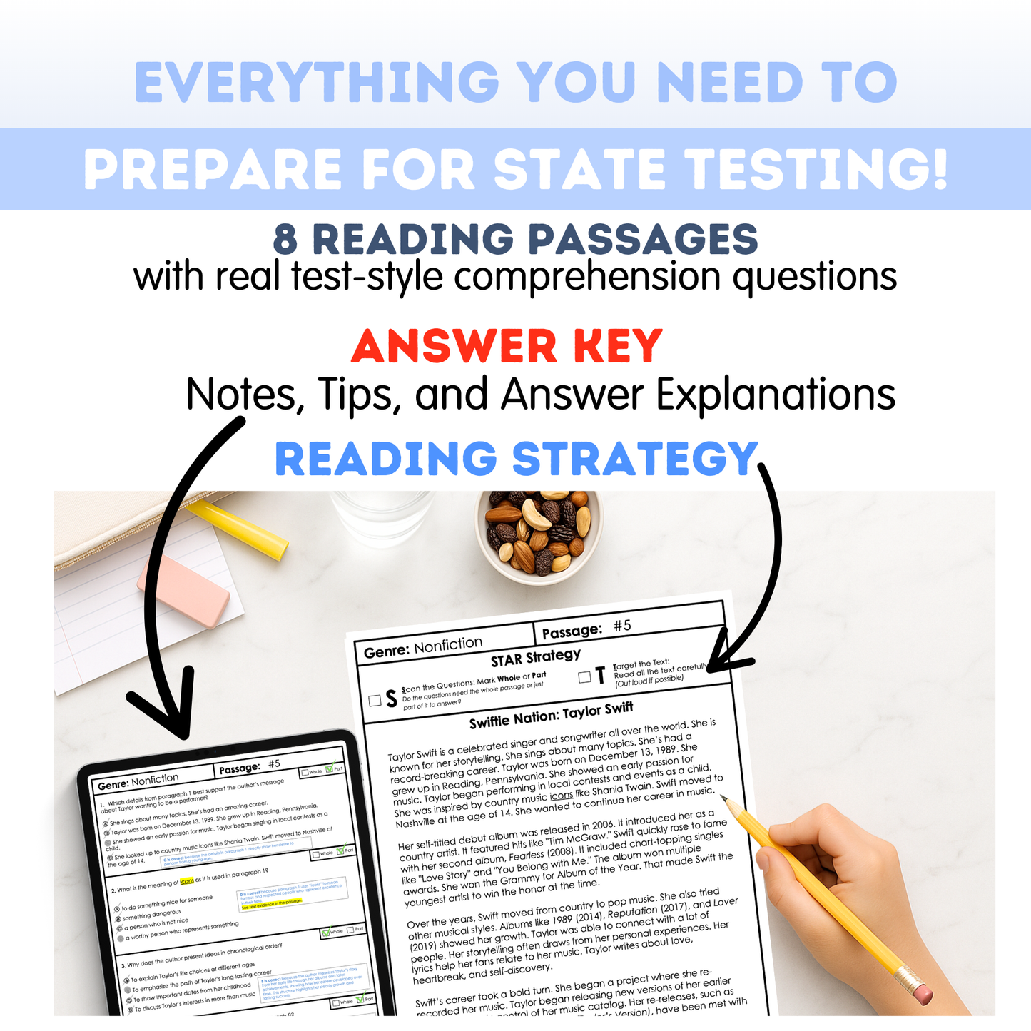 5th Grade Comprehension Test Prep Passages Workbook
