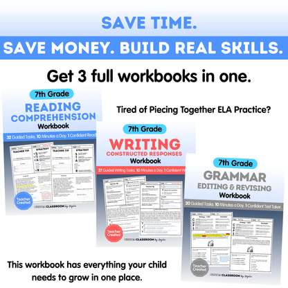 7th Grade Ultimate 3-in-1 ELA Workbook for Test Prep Success - Digital PDF