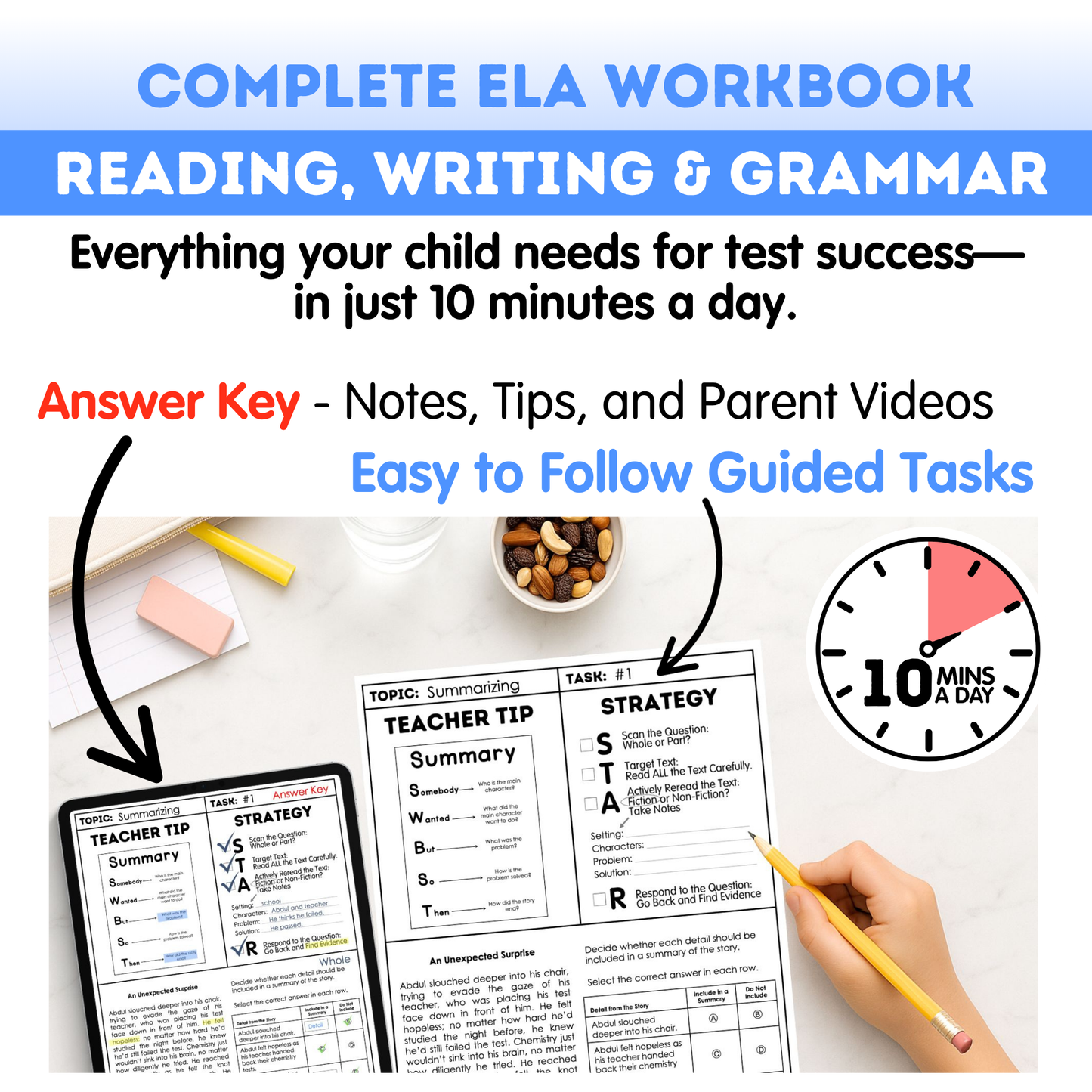 7th Grade Ultimate 3-in-1 ELA Workbook for Test Prep Success - Digital PDF