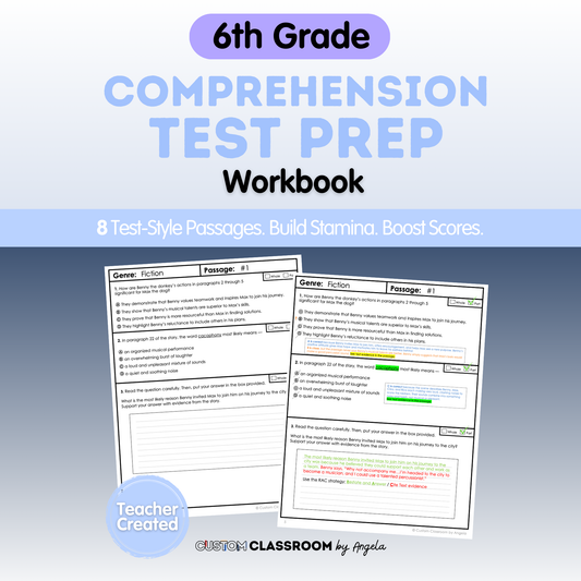 6th Grade Comprehension Test Prep Passages Workbook