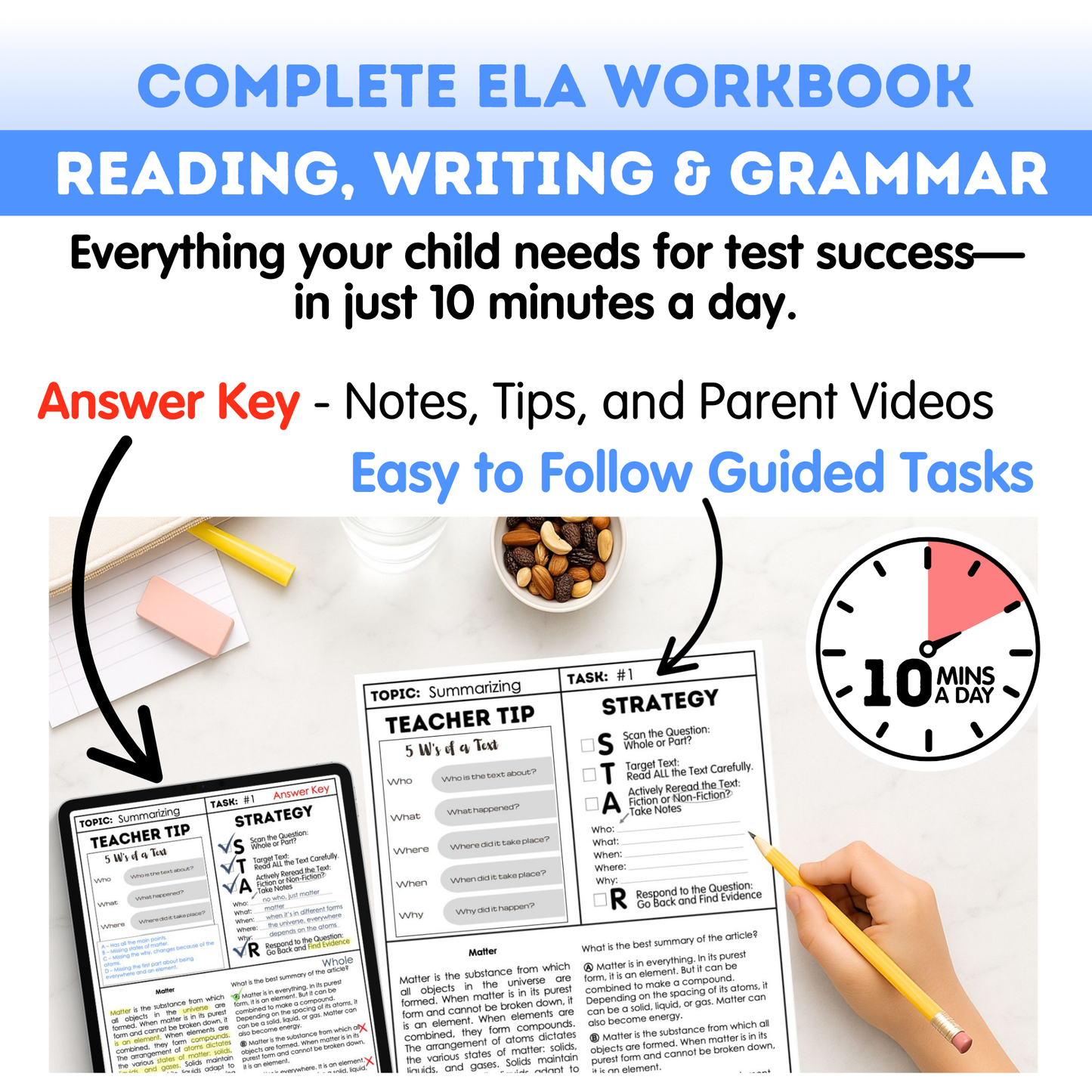 8th Grade Ultimate 3-in-1 ELA Workbook for Test Prep Success - Digital PDF