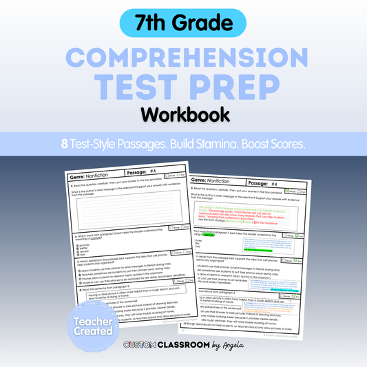 7th Grade Comprehension Test Prep Passages Workbook