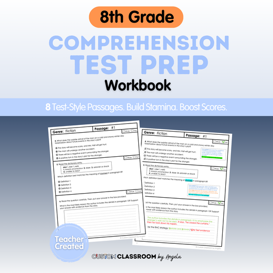 8th Grade Comprehension Test Prep Passages Workbook