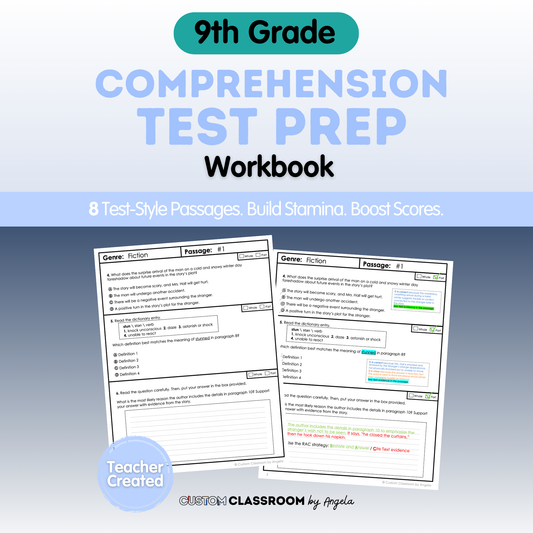 9th Grade Comprehension Test Prep Passages Workbook