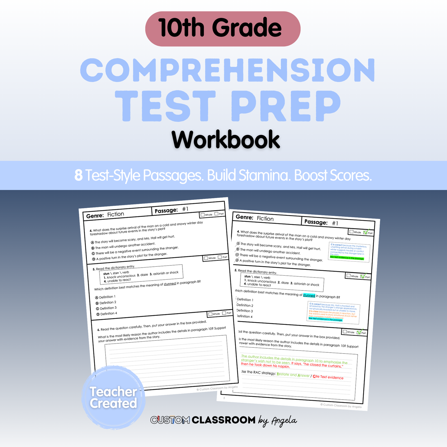10th Grade Comprehension Test Prep Passages Workbook