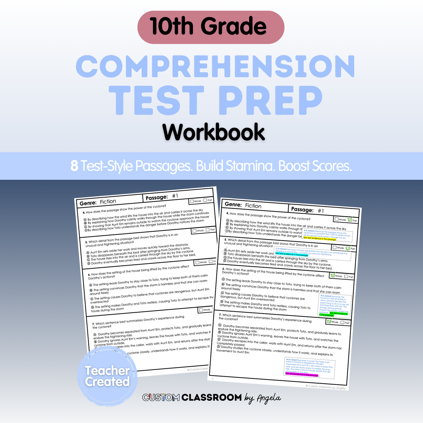 10th Grade Comprehension Test Prep Passages Workbook Digital PDF
