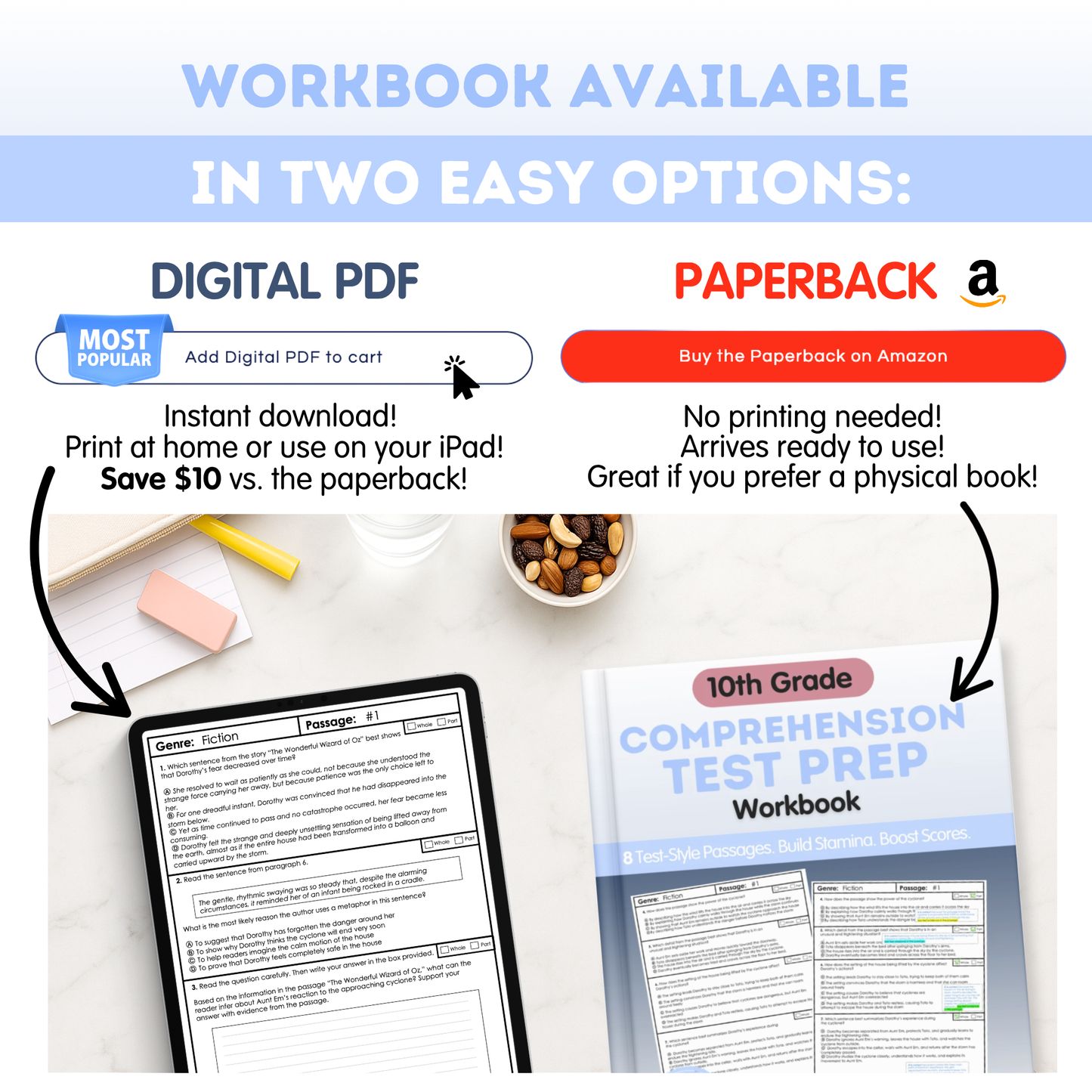 10th Grade Comprehension Test Prep Passages Workbook Digital PDF