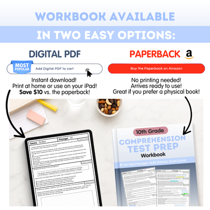 10th Grade Comprehension Test Prep Passages Workbook Digital PDF
