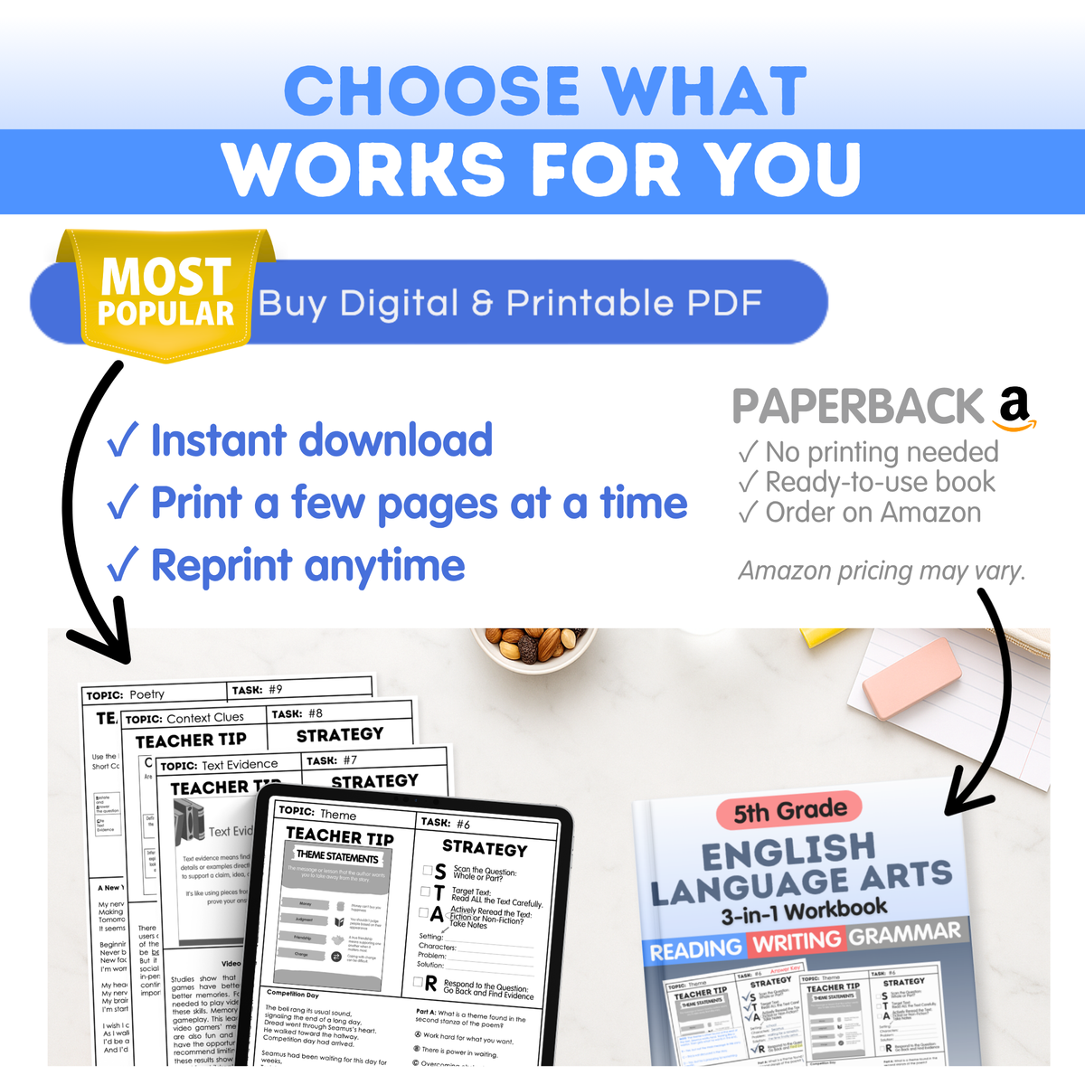 5th Grade Reading, Writing & Grammar Bundle