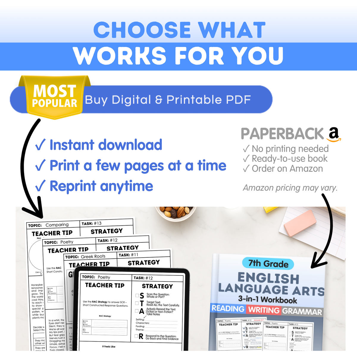7th Grade Reading, Writing & Grammar Bundle