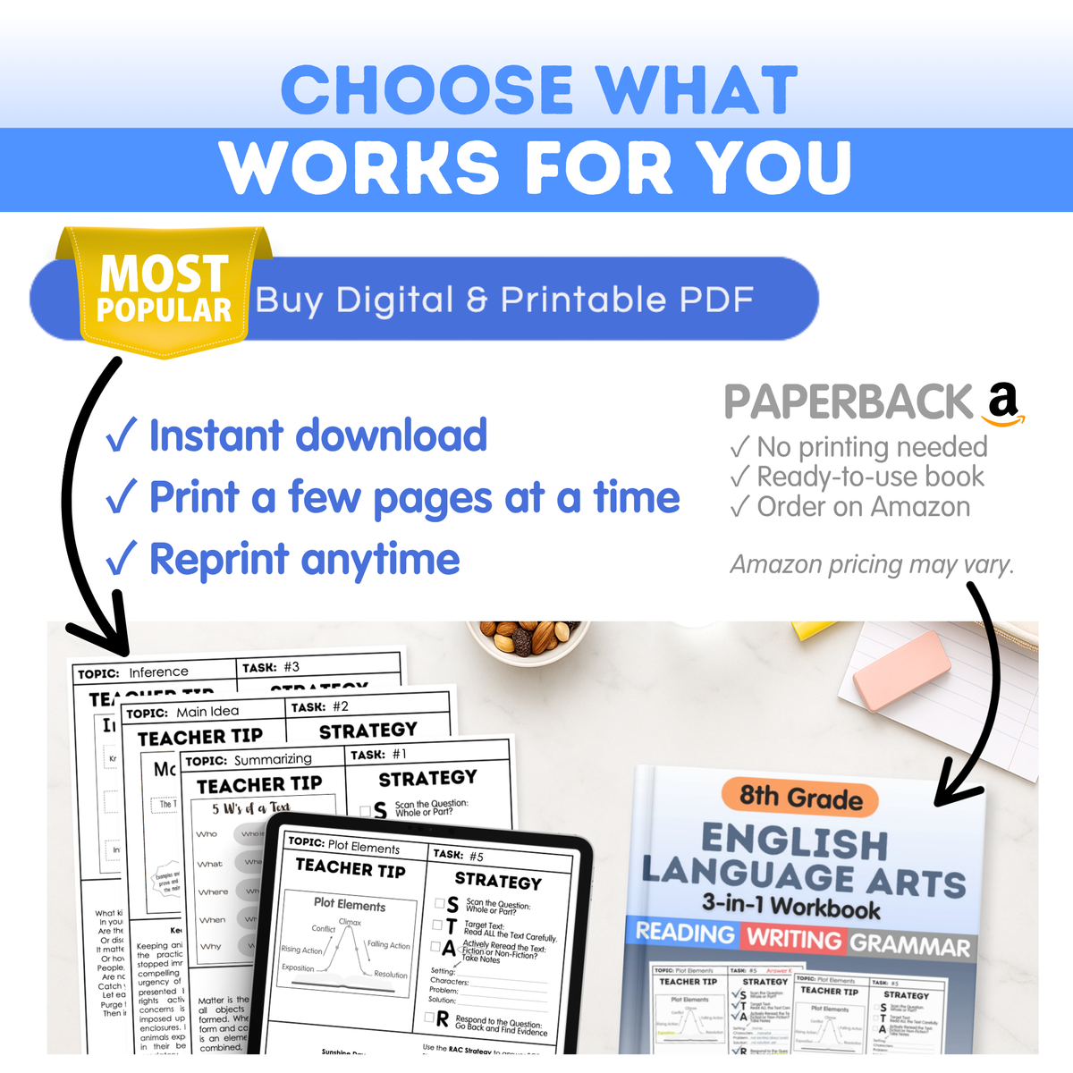 8th Grade Reading, Writing & Grammar Bundle