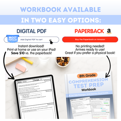 8th Grade Reading & Writing Test Prep Workbook